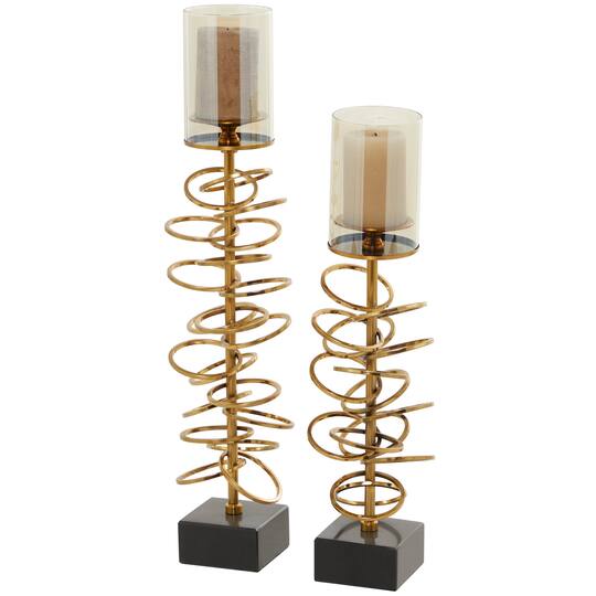 Gold Metal Ring Stand Pillar Hurricane Lamp Set